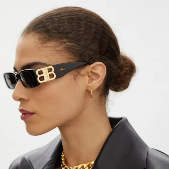 NEW Balenciaga BB0096S 002 Havana Gold Logo Green Rectangle Unisex Sunglasses - Picture 1 of 13